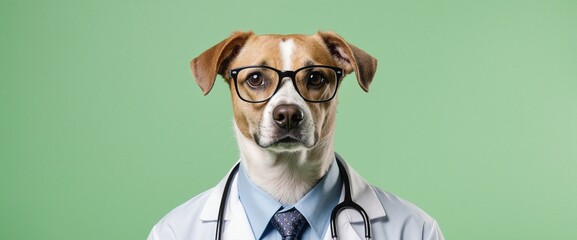 Dog wears doctor attire. Concept for pet care or veterinary medicine