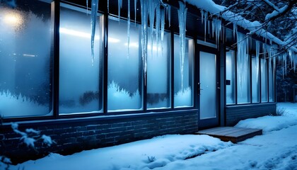 A building exterior featuring frosted glass windows and icecicles, conveying a peaceful cold-season atmosphere suitable for architectural and seasonal concepts.