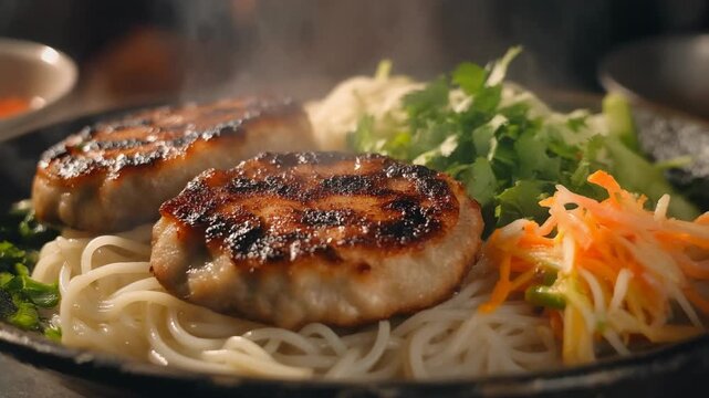 Close-up of steaming vietnamese grilled pork patties (nem nuong) served over rice vermicelli noodles with fresh herbs and pickled carrots