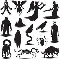 Collection of various Halloween themed silhouettes on white background