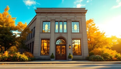 A classic stone architectural structure with tall windows and a grand arched entrance illuminated by warm sunlight, presenting a timeless formal exterior for institutional or historical themes.