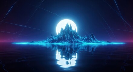 Mystical mountain range reflected in shimmering water under a futuristic sky