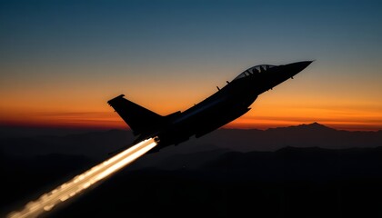 Fighter jet launching into the sky at sunset with afterburner