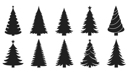 Obraz premium Collection of Black Christmas Tree Silhouettes Isolated White Background for Festive Design