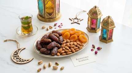 Eid al-Fitr holiday concept with sweet dried dates, fruits and decorations on bright background. Top view from above