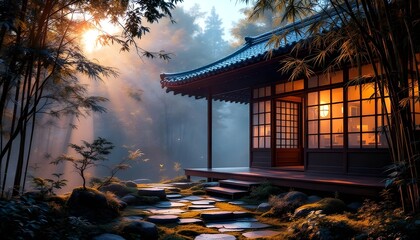 A tranquil Japanese wooden house with a stone pathway leading through misty forest lighting, conveying peaceful natural atmosphere and traditional architectural charm.