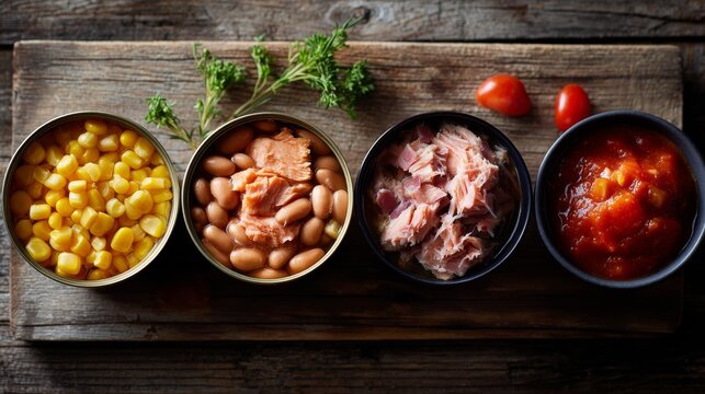 various canned foods arranged neatly on a wooden table beans, corn, tuna, tomatoes