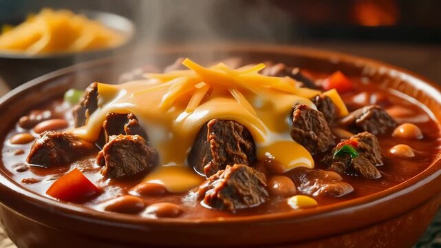 Hearty bowl of steaming chili con carne topped with melted cheese and chunks of beef