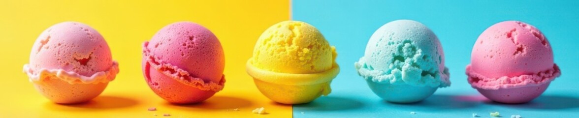 Broken ice cream spheres, rough texture, yellow-blue-pink gradient, sweet, crumb
