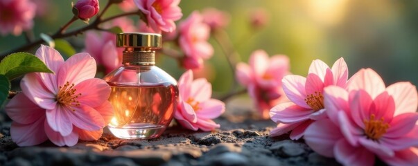 Delicate perfume bottle nestled in blossoming flowers, serene garden scene , beauty, soft, serene
