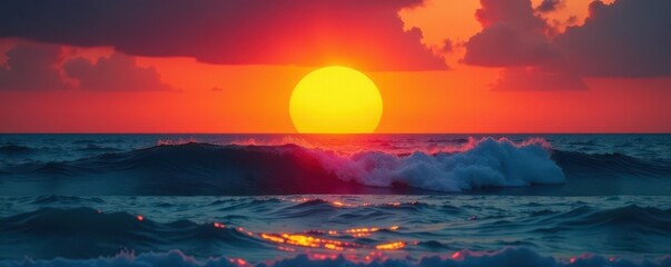 Fiery orange sun dips below tranquil waves, silhouetted horizon , ocean sunset, reflection