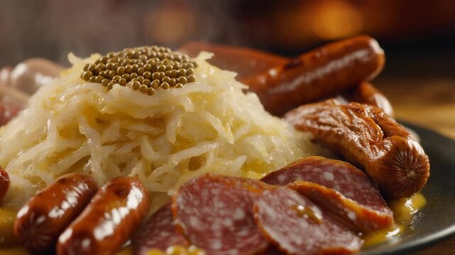 Hearty german platter steaming sauerkraut mustard seeds and assorted grilled sausages and salami on a bed of mustard sauce