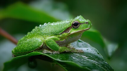 Naklejka premium Close-up of a green frog on a dew-kissed leaf with soft background bokeh