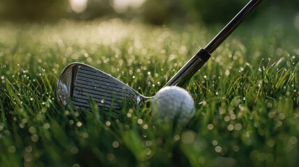 Close-up of a golf club and ball on lush green grass with morning light