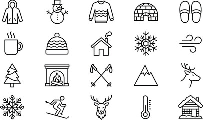 Set of vector black line icons featuring winter season symbols like snowman snowflake and reindeer isolated on white background © Mahbub