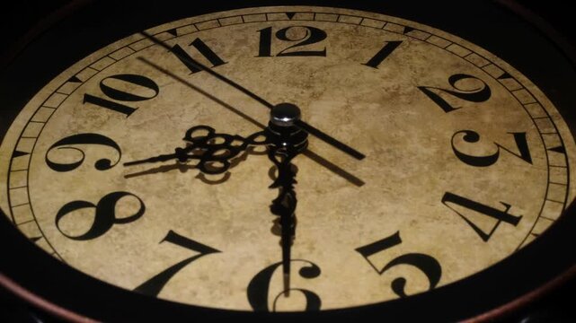 Tme lapse video of a clock time passing over a day to night on black background.