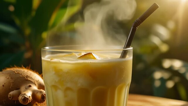 Steaming hot ginger drink or latte served outdoors with fresh ginger root and natural sunlight