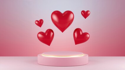 A beautiful 3d illustration showing five red hearts floating above a pink podium