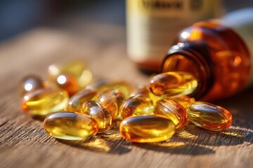 Close-up of fish oil capsules on a wooden surface with a blurred vitamin D supplement bottle in the background