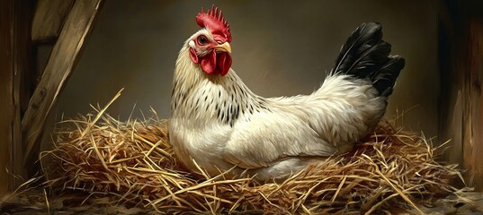 Charming Rustic Farmhouse Scene with Hens Nesting, Laying Eggs in a Cozy Nest Under Soft Light