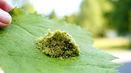concoction. Crushed medicinal herbs mixed into a paste on a large leaf. menu design, packaging mockups, designed for culinary blogs and recipe cards for restaurants, simplifies recipe learning.