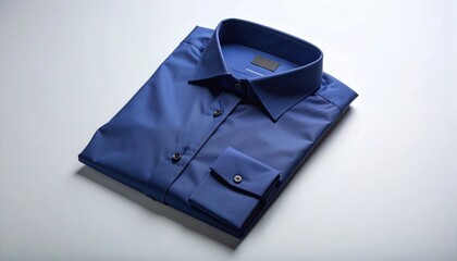 Dark blue folded dress shirt with matching buttons on light surface, classic and clean fashion presentation