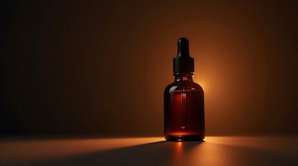 Luxury Nighttime Skincare Serum Bottle with Soft Backlight Glow on Dark Neutral Background, Cinematic Beauty Aesthetic