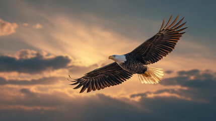 Naklejka premium Bald eagle soaring against dramatic sunset sky 