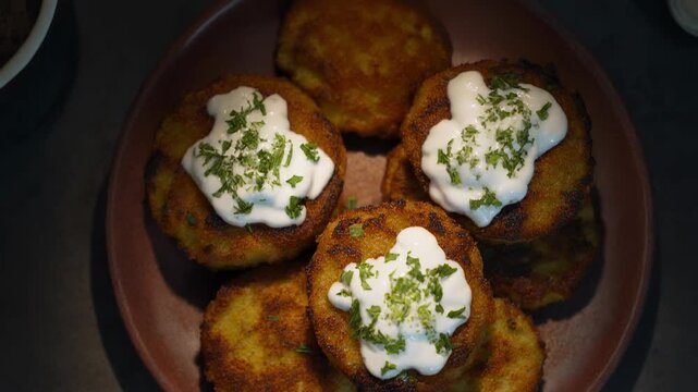 Golden potato pancakes (draniki or latkes) topped with sour cream and fresh herbs served on a rustic plate.