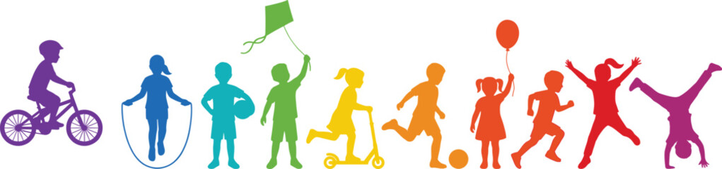 Obraz premium Colorful children silhouette activity set showing biking jump rope kite flying soccer balloon and play, vibrant vector kids icons for fun childhood recreation isolated on gray background