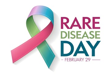 Commemorative graphic design featuring the bright colorful awareness ribbon prominently displayed next to text announcing rare disease day celebrated annually on february twenty ninth inside a light b
