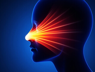 Glowing orange light rays emanating from human nose profile on blue background head