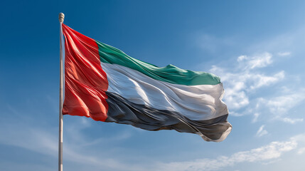 United Arab Emirates  , UAE National Flag Waving in the Wind Against Clear Blue Sky, Symbol of Unity, Prosperity, National Pride and Middle Eastern Identity