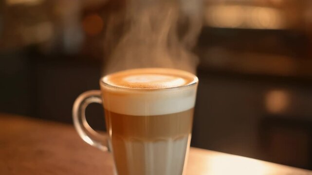 Steaming hot latte macchiato in clear glass mug on wooden table in cozy cafe setting