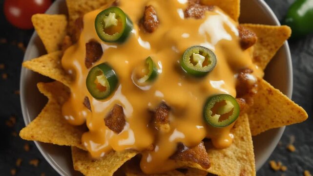 Gourmet chili nachos with melted cheese sauce and fresh jalape��