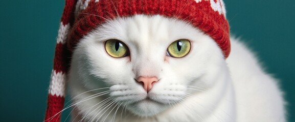Close-up of white cat with green eyes wearing red and white knitted hat, winter mood