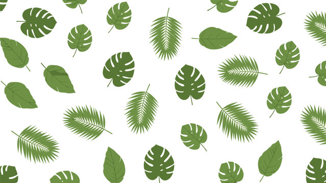 Seamless pattern of various green tropical leaves on a white background, evoking a sense of nature and the outdoors.