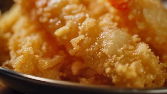 Extreme close-up of crispy golden japanese tempura batter texture ready to eat