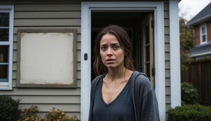 A woman stepping outside her home with a tense, emotional expression, suggesting a moment of distress, urgency, or vulnerability in a residential setting.