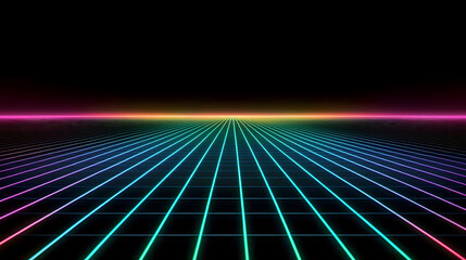 Vibrant neon grid stretches into distance, creating futuristic landscape
