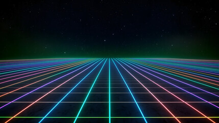 Neon grid landscape with stars, creating vibrant and futuristic atmosphere
