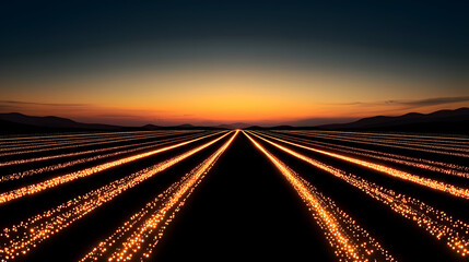 Glowing lights create mesmerizing pattern across dark landscape at sunset
