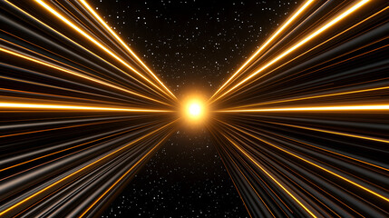 Abstract light beams radiate from bright center, creating cosmic atmosphere filled with stars
