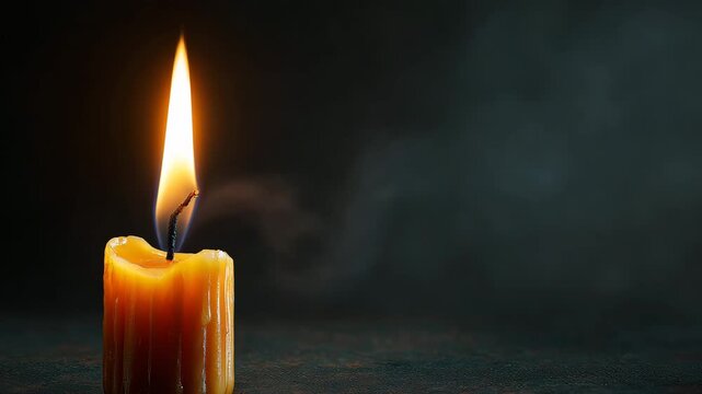 A candle burning with a bright flame against a dark background, evoking a sense of warmth and peace