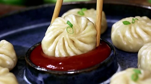 Soft steamed dumpling prepared with delicate folds and juicy filling. These momos are served hot and fresh, making the dish ideal for Asian cuisine menus and food presentation visuals.