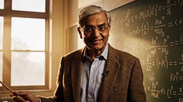 A 4K cinematic video of a senior professor teaching formulas on board.