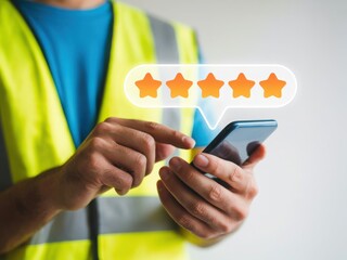 Worker giving five star rating on smartphone in safety vest, customer feedback and service evaluation concept, representing satisfaction, quality assessment, digital review, and performance rating
