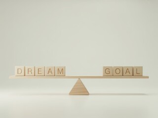 Dream and goal balance concept with wooden letter blocks on scale, minimalist background showing ambition, planning, motivation, vision, priorities, and achieving objectives
