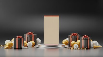 Luxury gift boxes and blank podium display on dark background, festive product presentation scene with elegant decorations, representing premium promotion, celebration, branding, and marketing showcas