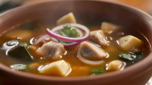 Steaming hot traditional latin american stew or sopa de bolas served in a rustic earthenware bowl topped with red onion and cilantro